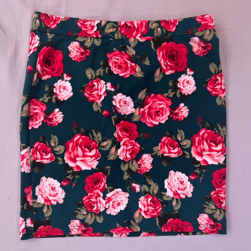 Forever 21 | Forest Green Teal Pink Rose Floral Pencil Skirt